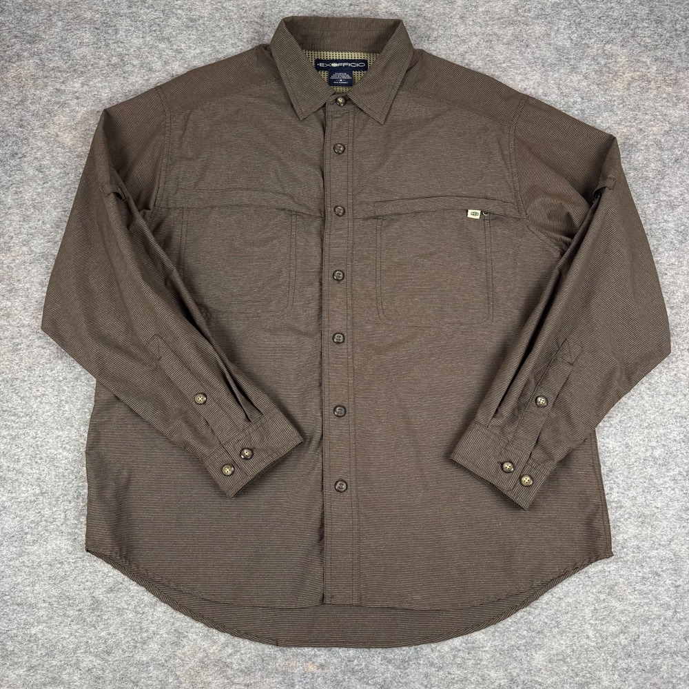 EXOFFICIO Button Up Shirt Long Sleeve Striped Nylon Pockets Brown Mens Medium M